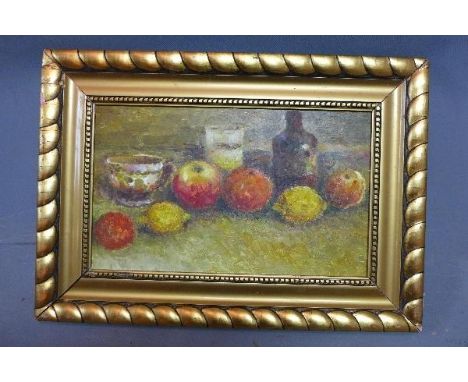 Mid 20th century Continental school, Still life of apples, cups and a beer bottle, oil on board, unsigned, 25 x 44cm 
