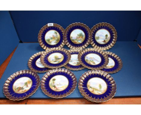 *****A set of twelve Copeland Spode Plates having hand painted river scenes to central panels, FOUR in good condition, one st
