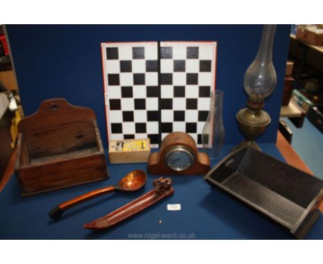 A quantity of miscellaneous including a wooden cutlery box, a salt box, an old lacquered spoon, a oak cased Smiths mantle clo