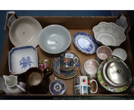 A quantity of china to include Poole sugar bowl and pot, Willow pattern mustard pot, Spode scalloped edge dish, Coronation mu
