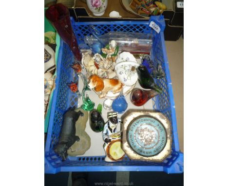A box of assorted ornaments and glassware to include Spode plate and dish, glass paperweights shape of birds, etc.