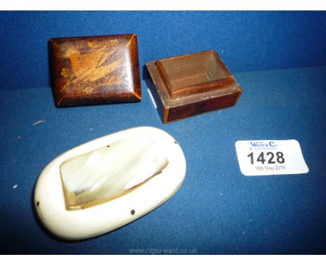 A rectangular wooden Snuff/Stamp Box, the lid with an inlaid depiction of a bird on a flowering branch and unusual oval Snuff