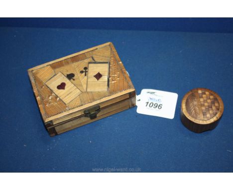 A prisoner of war, straw work playing Card Box 4 1/2" x 3 1/2" plus a small straw work circular Box.