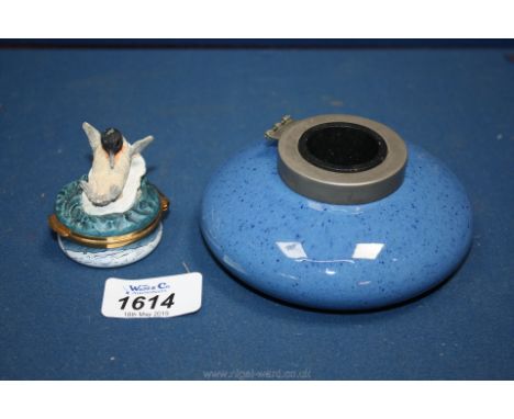 An early 20th c. Moorcroft powder blue Inkwell, metal lid missing and a Crummles enamel trinket box.