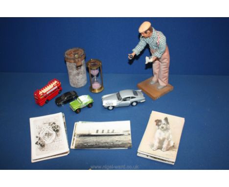 A small quantity of miscellanea to include model cars, sand filled timer in a leather W. Ottway &amp; Co case, quantity of po