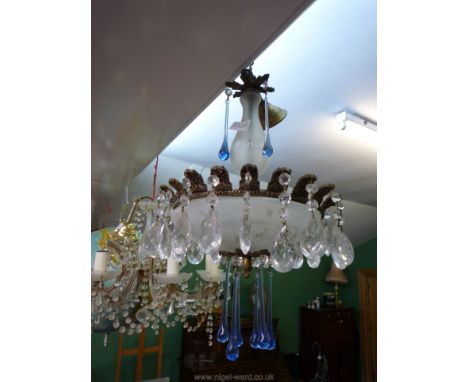 A Victorian ceiling light fitting having blue glass droppers.
