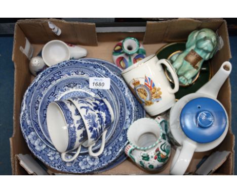 A quantity of china to include Willow cups, saucers, side plates, eight Wedgwood soup dishes, a china dog and a Midwinter cof