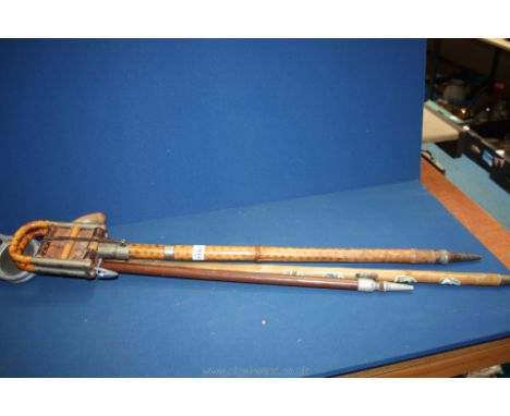 Two shooting Sticks - one being bamboo and a walking stick having badges of all places visited.