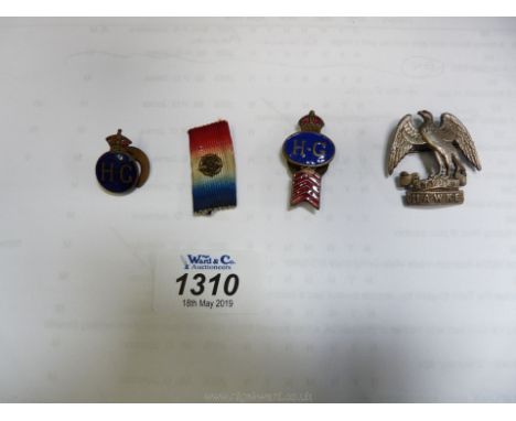 A genuine original "Strike Hawke" pin badge WWI plus two Home Guard enamel Lapel Badges WWII  and a small Tudor Rose metal ba