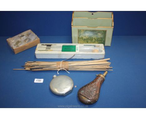 A Bisley air rifle cleaning kit, Sheffield English Pewter hip flask, Powder flask, tin of assorted escutcheons and Letter Rac