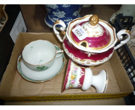 A Herend tea cup and saucer, Crown Staffordshire small urn shaped vase and unmarked sucrier.