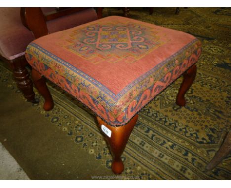 A square, cabriole legged Stool upholstered in tapestry style fabric