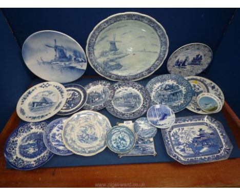 A quantity of blue and white china including Delft charger by Boch, a Delft blue hand painted tile, Coalport trinket dish to 