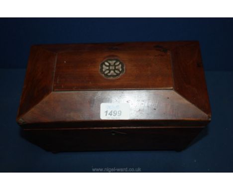 A Mahogany tea caddy having four brass feet and a brass decoration to the top, a/f.