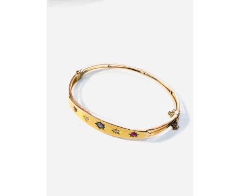 9ct gold antique ruby, sapphire &amp; diamond bangle weight 7.2g 