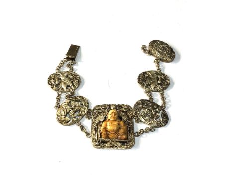 Chinese silver filigree bracelet with carved buddha centre hallmarked on clasp please see images for details 