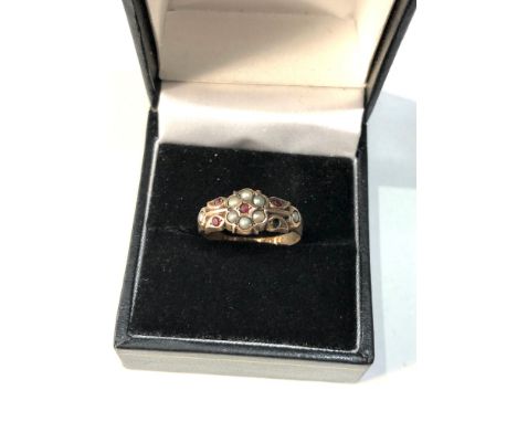 9ct gold antique seed pearl &amp; garnet antique ring - 1 stone missing weight 1.7g 