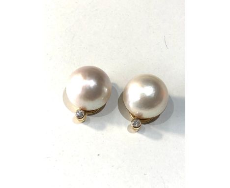 Fine pair of 18ct gold &amp; Mabe pearl and diamond earrings measures approx 2.1cm drop by 1.6cm wide weight 13g please see i