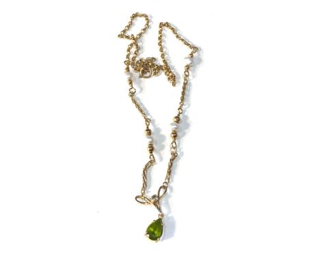 9ct gold peridot &amp; diamond &amp; pearl antique necklace,&nbsp;length of the necklace is approximately: 18 inches Good ove