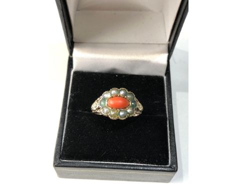 Antique gold Georgian coral and seed-pearl mourning ring inscribed barnes esq 21 aug 1818 please see images for details as th