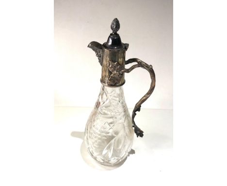 Large p cut glass and silver pated claret jug in good antique condition measures approx 13ins tall  please see images for det