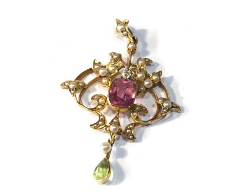 15ct gold antique diamond, tourmaline, peridot &amp; seed pearl pendant weight 5g, good overall conditon