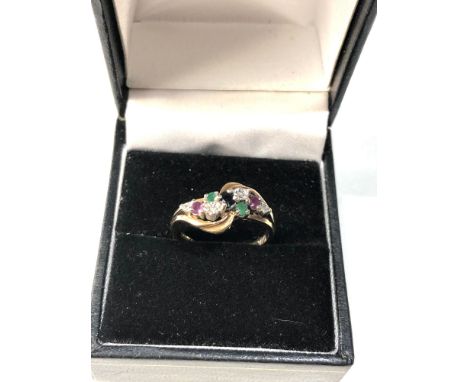 9ct gold diamond, emerald, sapphire and ruby ring weight 2.2g 