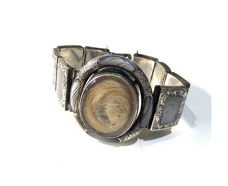 Antique Scottish silver and agate set mourning bracelet front panel measures approx 4.3cm by 3.7cm length 18cm please seeimag
