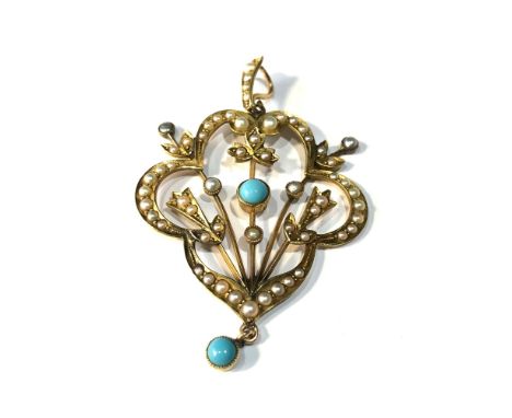 Large 9ct gold seed pearl &amp; turquoise pendant weight 5g 
