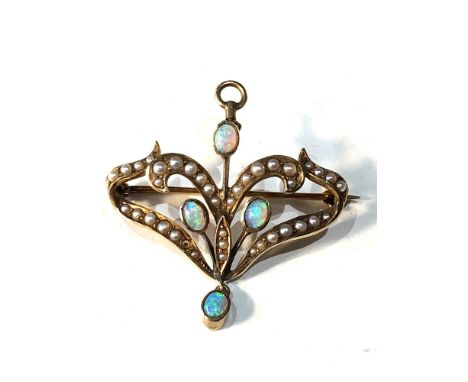 14ct gold opal seed-pearl edwardian brooch / pendant measures approx 32mm by 35mm drop weight 4.6g 