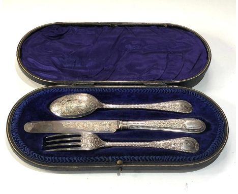 Antique silver boxed knife fork and spoon London  silver hallmarks  weight 118g please see images for details as they are par