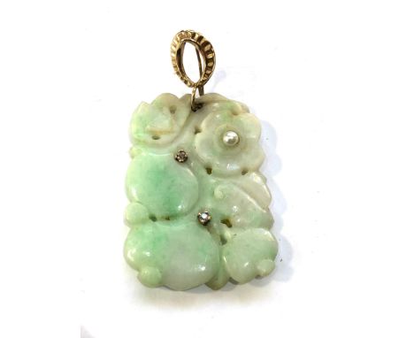 Large carved jade diamond and pearl set measures approx 6.2cm by 3.3cm 