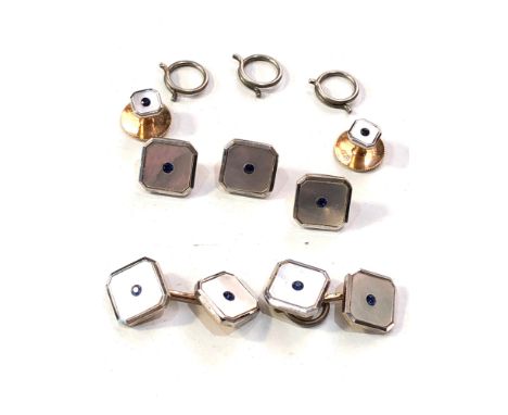 9ct gold mother of pearl &amp; sapphire gents cufflink &amp; button set total weight 11g 