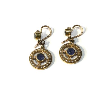 15ct gold seed pearl &amp; sapphire drop antique earrings weight 3.2g,&nbsp;Earrings are in good unclean condition