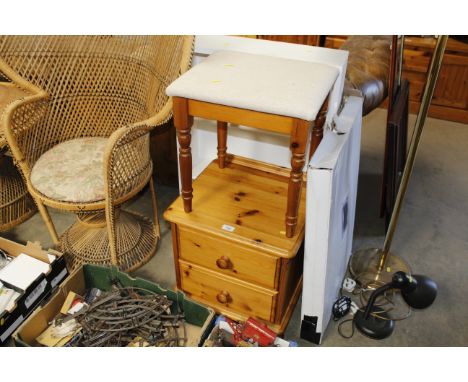 A pine bedside chest fitted two drawers, a pine dressing table stool and a white painted shelf
