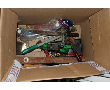 A box containing various hand tools
