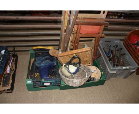 Two boxes containing various wellington boots, walking stick, directors chair, hockey sticks
