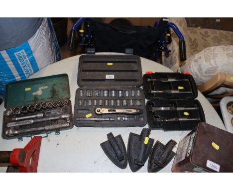 A Halfords part socket set in fitted plastic case, Kamasa-Tools socket in fitted metal case etc.
