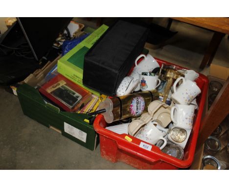 Two boxes containing various sundry glass and china,  Subbuteo etc 