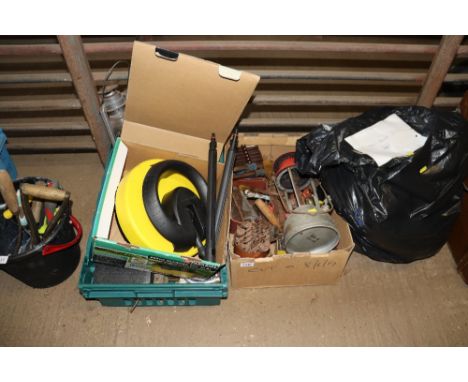 A box containing Parkside pressure washer attachments, two boxes of various tools etc