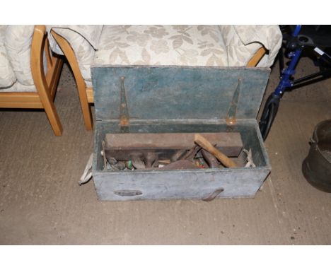 A wooden storage box and contents of various tools to include smoothing planes, Allen keys etc.
