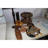 A collection of wooden items to include figures, f