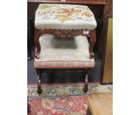 A William IV X-frame rectangular stool, and a Victorian style reproduction mahogany serpentine stool, with foliate tapestry s