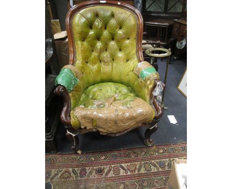 A Victorian walnut green leather button-back armchair (a/f distressed seat); together with a brass stick stand and a beech pi