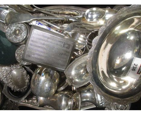 A pair of modern dwarf candlesticks; a quantity of silver items including a dressing table tray, 6 napkin rings, a bon bon di