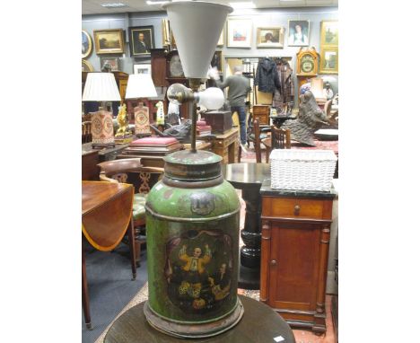 A 19th century painted tin tea cannister the central scene with Oriental figures converted to a lamp, 47cm high (cannister) (