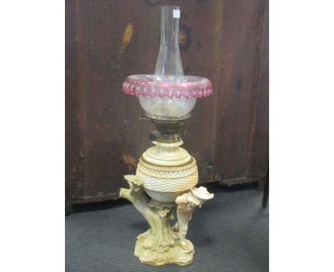 A late 19th Century Worcester blush ivory porcelain oil lamp (later resevoir)