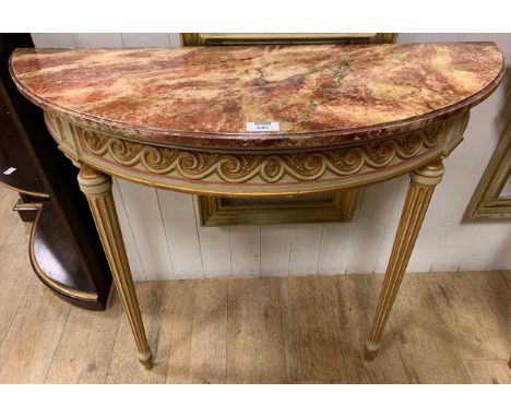 A pair of 18th century style D-end console tables with faux marble painted tops on turned fluted supports, 76 x 88 x 35cm (2)