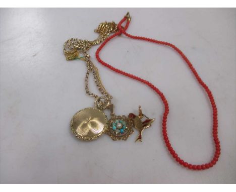 together with a 9ct bracelet, a locket and chain, a turquoise and pearl set pendant and chain, and 18ct and enamel bird penda