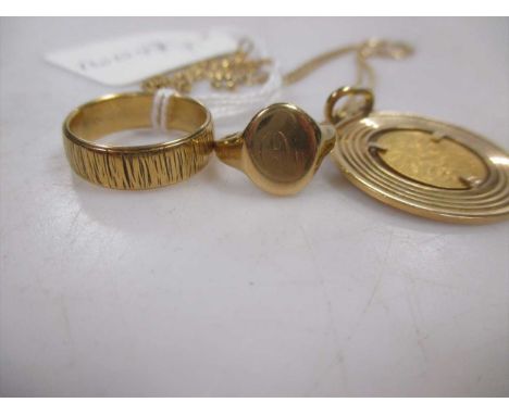 together with a signet ring stamped '18ct' and a pendant stamped '750' set with a medallion, on a chain, 2 1.6g gross (Qty: 3